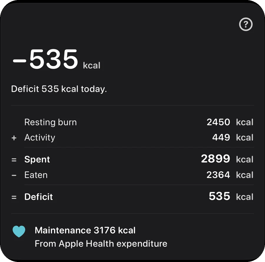 The Day balance card: a deficit of 535 kcal, itemised as resting burn 2450 plus activity 449 equals 2899 spent, minus 2364 eaten; below it, maintenance 3176 kcal from Apple Health expenditure.