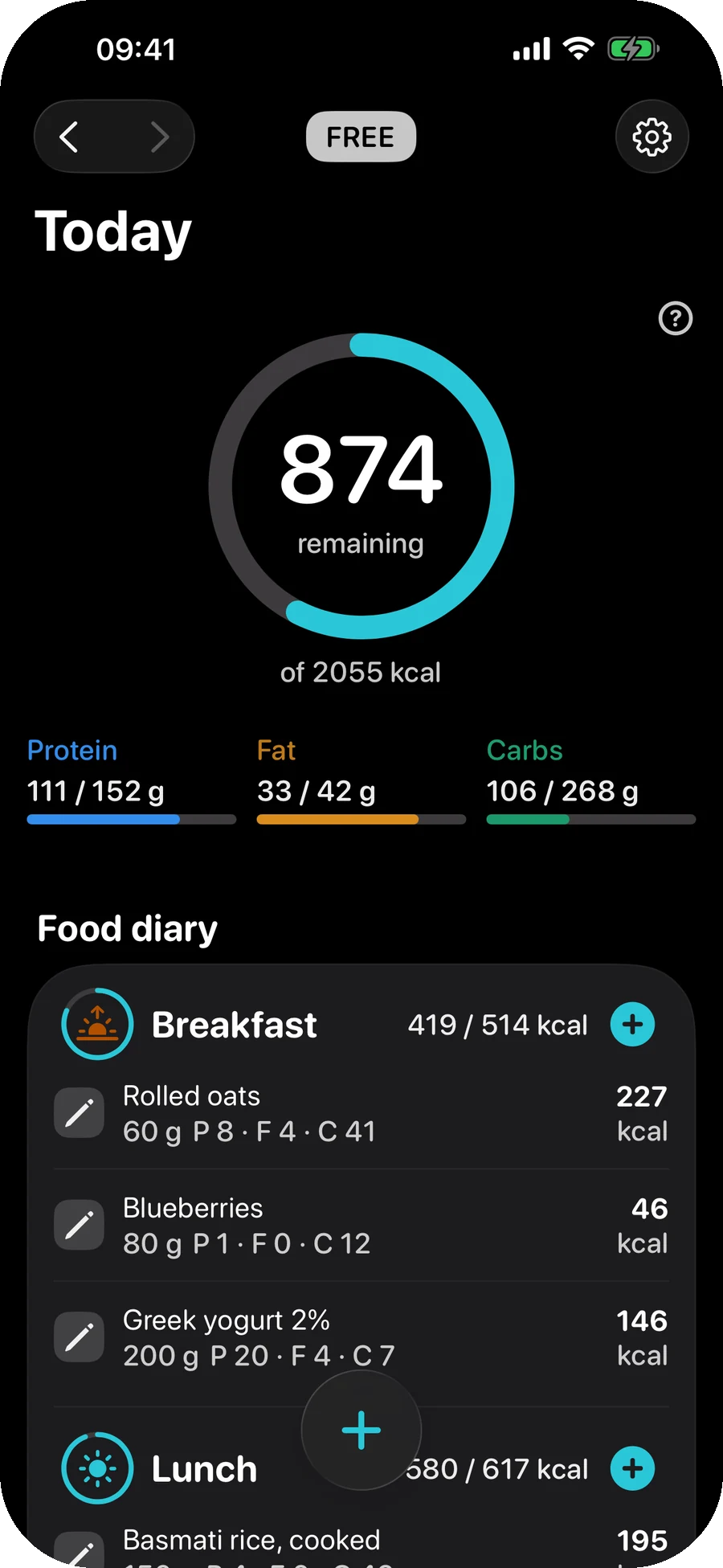 The Today screen: a ring showing 874 kcal remaining of 2055, protein, fat and carbohydrate bars beneath it, and a food diary listing rolled oats, blueberries and Greek yogurt under Breakfast.