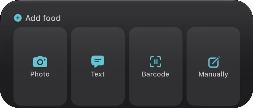 A Home Screen widget titled Add food with four buttons: Photo, Text, Barcode and Manually.